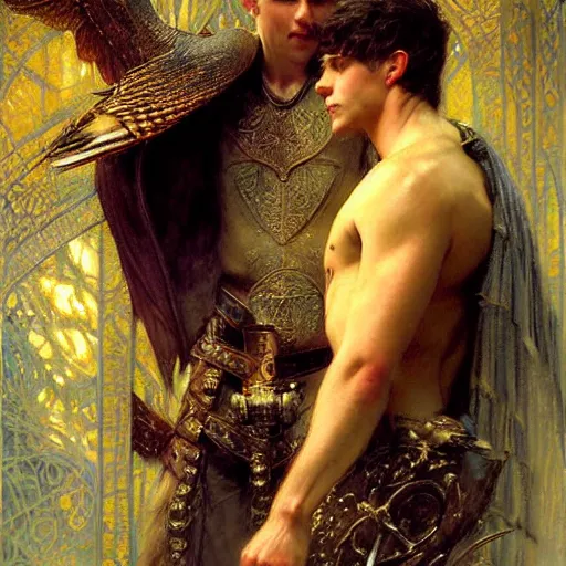 Image similar to stunning arthur pendragon in love with stunning male merlin the mage. they are close to each other. highly detailed painting by gaston bussiere, craig mullins, j. c. leyendecker