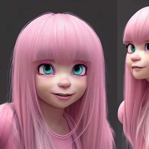 Image similar to A portrait of Nikki from Shining Nikki and Love, a cute 3d cgi toon young woman with long light pink hair, full bangs, hazel eyes, full face, light makeup, pale skin, Chinese heritage, cute outfit, medium shot, mid-shot, hyperdetailed, 8k, trending on artstation, as a Pixar character