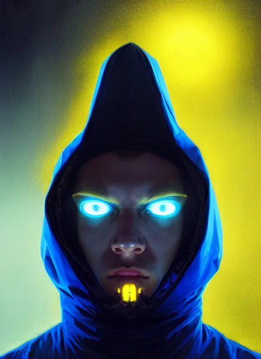 Image similar to symmetry!! portrait of man with black hood, sci - fi, tech wear, blue and yellow glowing lights!! intricate, elegant, highly detailed, digital painting, artstation, concept art, smooth, sharp focus, illustration, art by artgerm and greg rutkowski and alphonse mucha