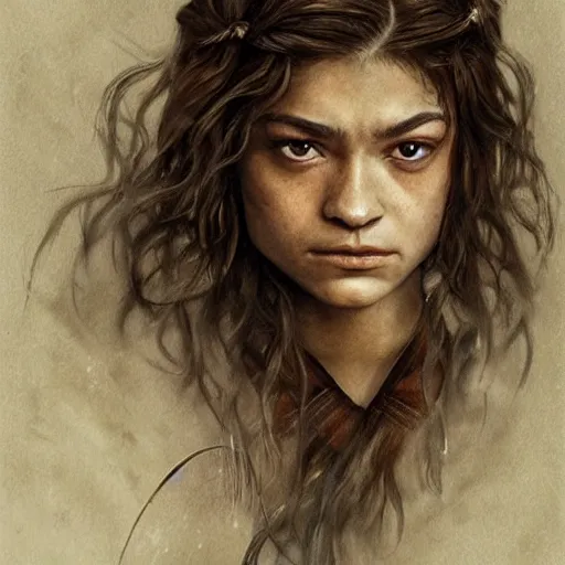 Image similar to portrait of zendaya as arya stark, by jean - baptiste monge