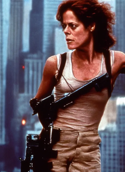 Image similar to film still of Sigourney Weaver as John McClane in Die Hard, 4k