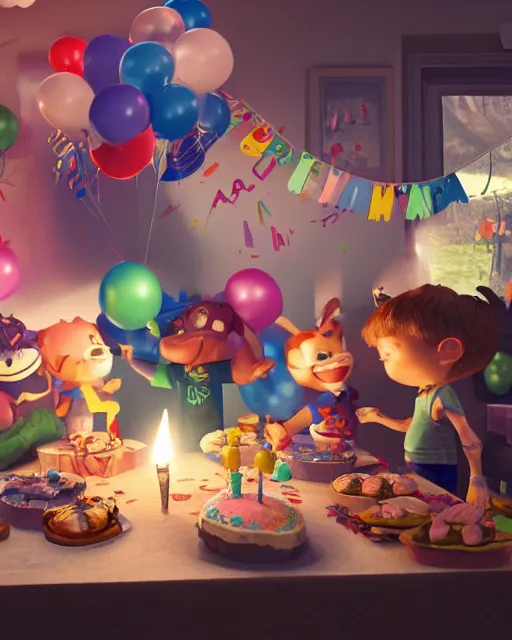 Prompt: pals have a birthday party, hyper realism, cinematic shot, epic composition, fine details, octane render, unreal engine, 8 k, depth of field, concept art, digital art, deviantart artstation, extremely detailed, very sharp,