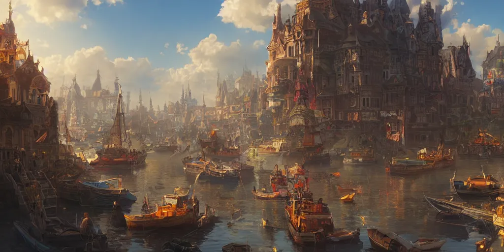 Prompt: beautiful seventeenth century harbour city, vivid colors, gorgeous clouds, god rays, digital art, landscape, fantasy art, octane render, ureal engine, high detail, very realistic, by artgerm and greg rutkowski and alphonse mucha and loish and wlop