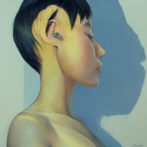 Prompt: A beautiful painting. She has deeply tanned skin that makes me think of Oort, an almond Asian face and a compact, powerful body. lemon chiffon, azure by John Kenn Mortensen, by Paul Gauguin highly detailed, Trending on artstation