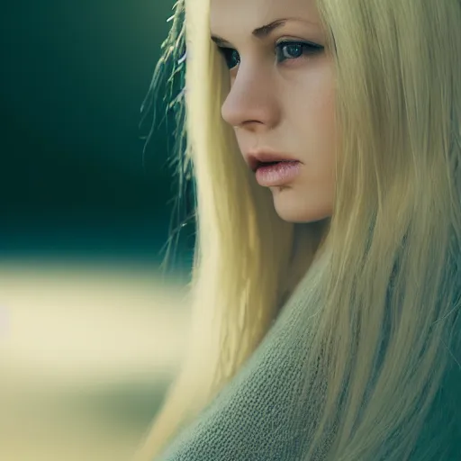 Image similar to very pretty blond female angel, shallow depth of field, moody lighting, 8 k, concept art, 2 0 mm lens,