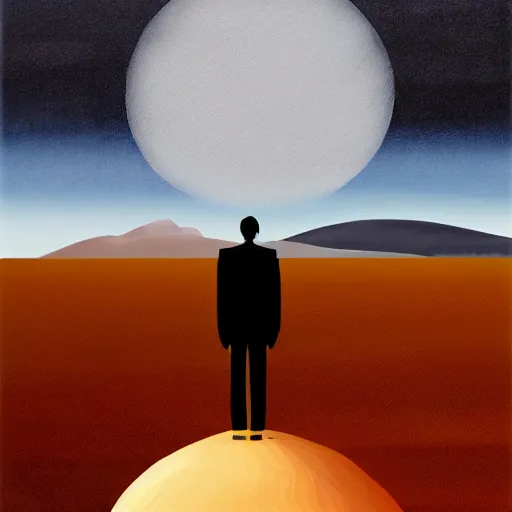 Image similar to a lonely man standing on a deserted planet, acrylic art, painting, canvas, gloomy, digital art,