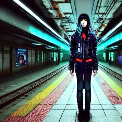 Prompt: a young girl making a model pose in a cyberpunk subway, full body shot, 4k, hyperrealistic, trending on artstation n- 4