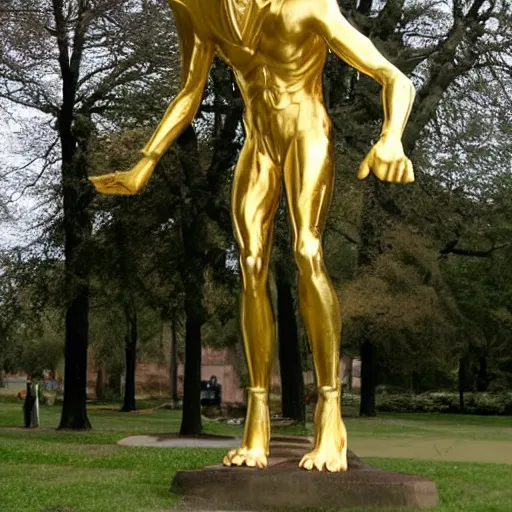 Image similar to male demon, devil golden monument stands in a park