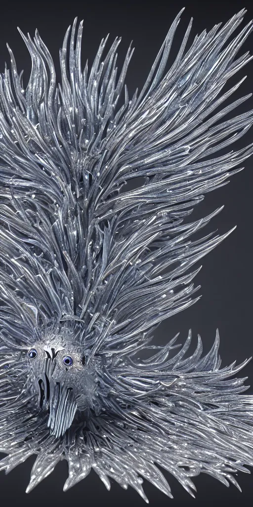 Image similar to a photorealistic render of a metallic neotribal spiky glaucus atlanticus sculpture, made of liquid metal, c 4 d, by zhelong xu and ernst haeckel, wide angle, hyper realistic, plain background, 8 k, volumetric lightning, octane render