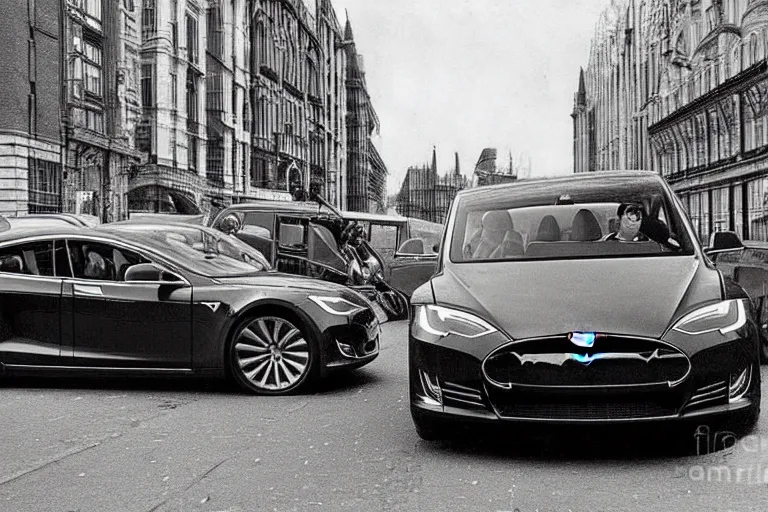 Prompt: 1900's photograph of the latest tesla model s plaid on 90's streets of london, old photograph, detailed