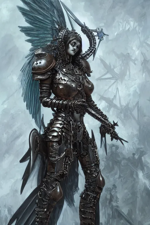 Prompt: Gothic angel girl in armor from warhammer 40000 highly detailed, digital painting, artstation, smooth, sharp focus, illustration, art by artgerm and greg rutowski and zdislav beksinski