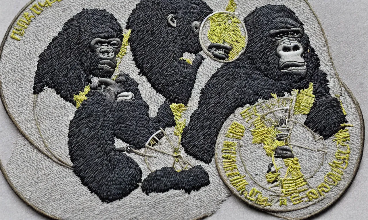 Prompt: a gorilla climbing a radio communications tower. round, circular embroidered us radar corps patch 8 k /