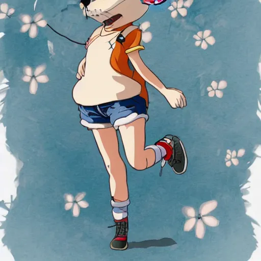 Image similar to in the style of studio ghibli, anthropomorphic mouse, female, wearing denim shorts and tank top, detailed, intricate, aesthetic, artistic, ambient occlusion, volumetric light effect