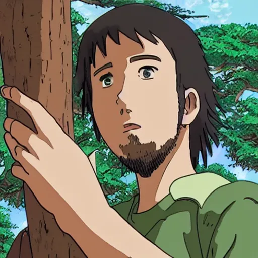 Image similar to gabriel boric over a tree made by studio ghibli, realistic anime coloring and lighting, detail, high quality, beautiful and magic scene, smooth