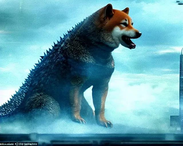 Image similar to godzilla as a shiba inu in a Godzilla: King of the Monsters still film directed by Christopher Nolan, shooting beams from its mouth and toppling over cities, epic action scene