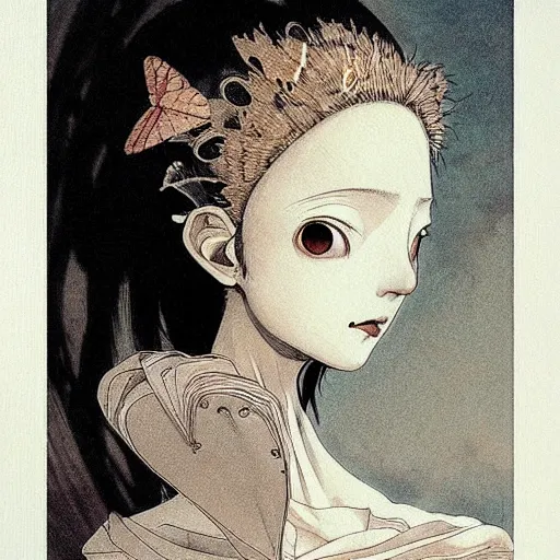 Prompt: prompt: Fragile looking vessle portrait face drawn by Katsuhiro Otomo, inspired by Carlo Dolci, magical and alchemical objects on the side, soft light, white background, intricate detail, intricate ink painting detail, sharp high detail, manga and anime 2000