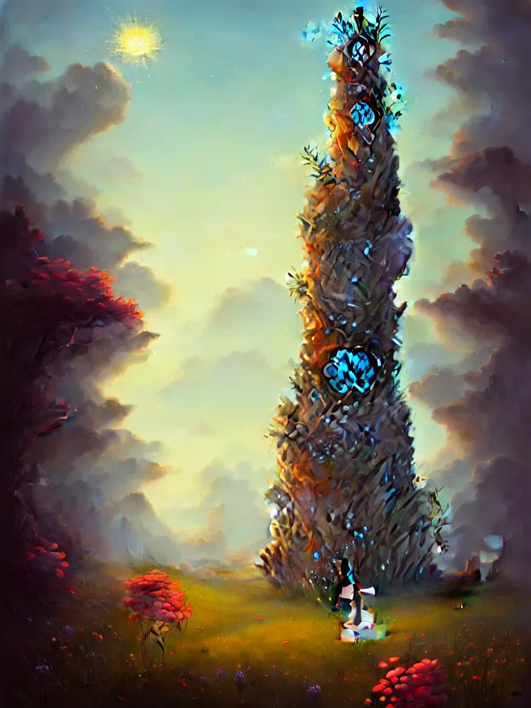 Image similar to a wizard\'s tower in a meadow filled with ruins by Peter Mohrbacher, blue fireball, sunny, flowers