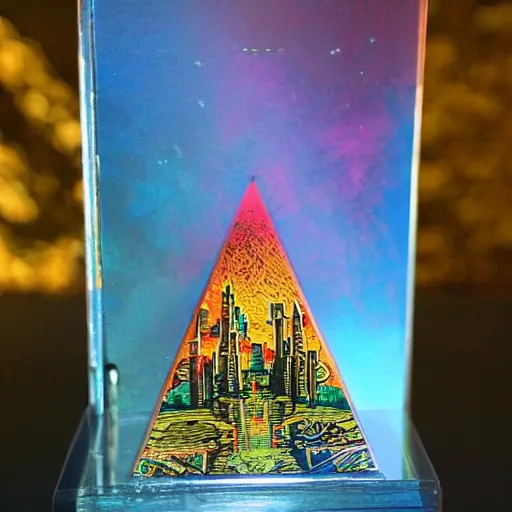 Image similar to flaming tall iridescent village pyramid puffin cove phantasm casket, by george lucas and mikhail larionov and dan mumford, 2 0 megapixels, tarot card, tilt shift