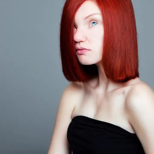 Prompt: portrait of a plain looking young white female model red hair and uneven skintone and a round shaped face