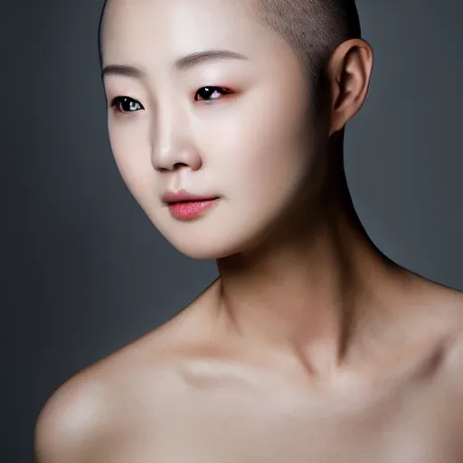Image similar to photograph portrait bald korean japanese goddess of beauty neutral expression face straight on headshot even lighting no hair