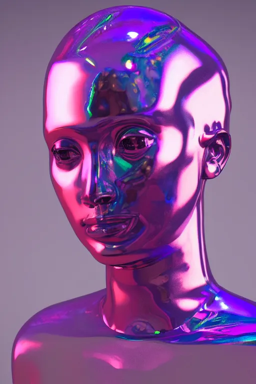 Image similar to 3d render of holographic human robotic bust made of glossy iridescent, bust, surrealistic 3d illustration of a human non-binary, non binary model, 3d model human, cryengine, made of holographic texture, holographic material, holographic rainbow, concept of cyborg and artificial intelligence