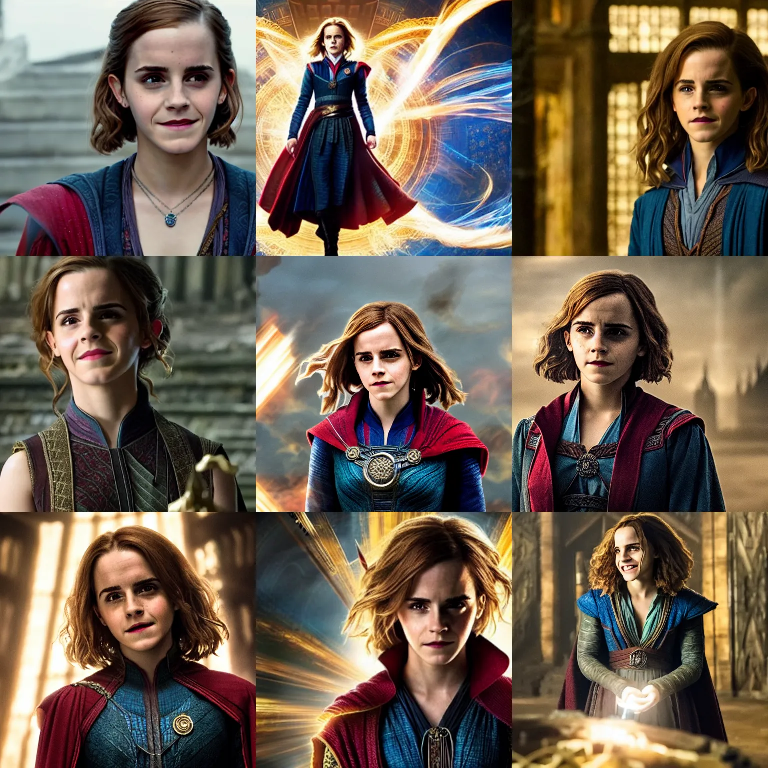 Prompt: Emma Watson/Hermione Granger as the Ancient One, smiling, film still from 'Doctor Strange'