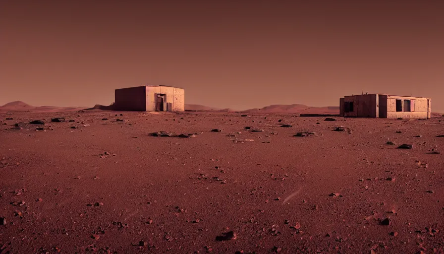 Prompt: abandoned base in mars, dark red ambience, very clear sky, photographic