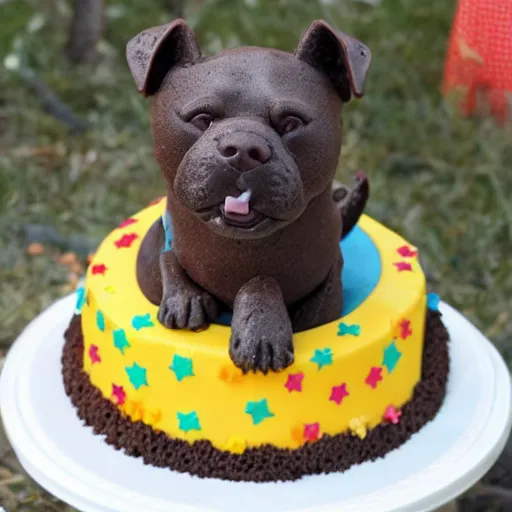 Prompt: chocolate cake dog, pitbull terrier cake, sprinkles