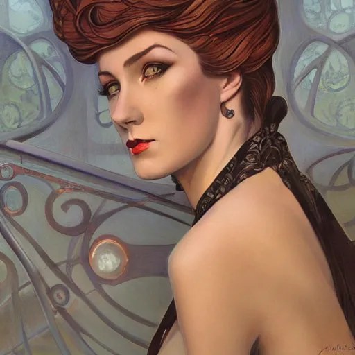 Image similar to an art nouveau, ( streamline moderne ), multi - ethnic and multi - racial portrait in the style of charlie bowater, and in the style of donato giancola, and in the style of charles dulac. large, clear, expressive, intelligent eyes. symmetrical, centered, ultrasharp focus, cinematic lighting, photorealistic digital painting, intricate detailed background.