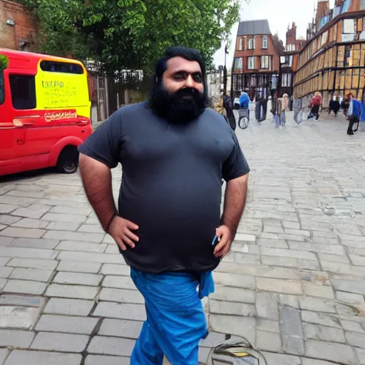 Image similar to fat hairy indian guy looking drunk in Cambridge UK city centre