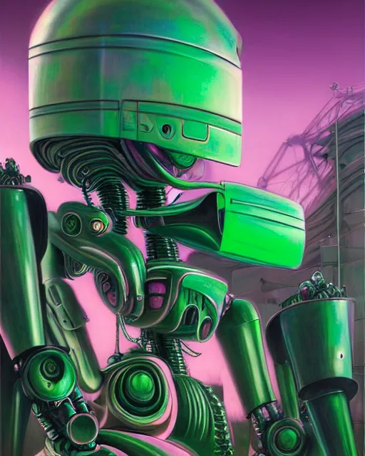 Prompt: hyperrealistic hyperdetailed graffiti mecha iridescent pink fighting aliens concept art santiago caruso de chirico sharp very dramatic green light 8k low angle shallow depth of field