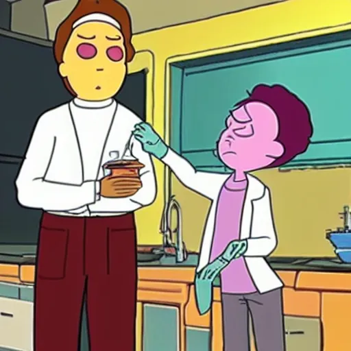 Image similar to of morty from rick and morty as a teenage boy with lab coat llike his grandpa rick