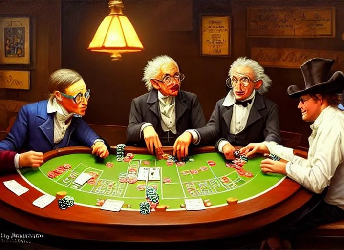 Image similar to playing poker in a saloon, Isaac Newton and Stephen Hawking and Albert Einstein, by Mandy Jurgens, trending on artstation, Richard Schmid and norman rockwell