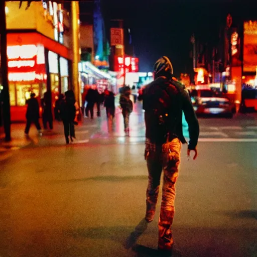 Prompt: photo of mech warrior walking on busy street, cinestill, 8 0 0 t, 3 5 mm, full - hd