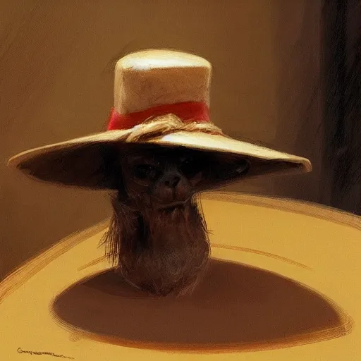 Image similar to just a hay hat in a wooden table. by Craig mullins, Steve Purcell, Ralph McQuarrie. Trending on artstation. Centered image