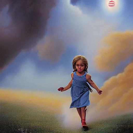 Image similar to a disappearing running child holding scissors in hand disappears evaporates dissolves into vapor, mist, smoke, a detailed matte painting by John Philip Falter and Jason Edmiston