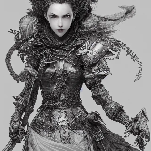 Image similar to the portrait of neutral evil fallen female knight vagabond as absurdly beautiful, gorgeous, elegant, sophisticated, woman, an ultrafine hyperdetailed illustration by kim jung gi, irakli nadar, intricate linework, bright colors, octopath traveler, final fantasy, unreal engine 5 highly rendered, global illumination, radiant light, detailed and intricate environment