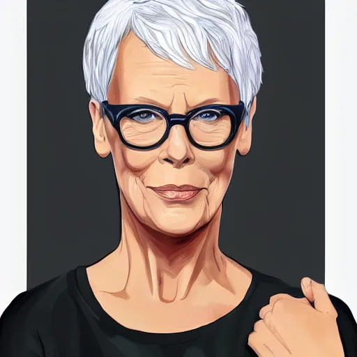 Image similar to jamie lee curtis, full body, tired, serious, intelligent, powerful, white hair, fully clothed, wise, beautiful, by stanley artgerm, soft lighting, trending on artstation, flat colour