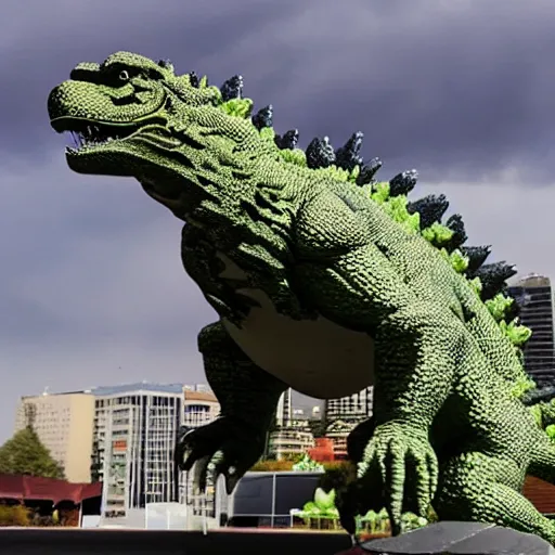 Prompt: high quality 3 d printed statue of godzilla stomping on cars