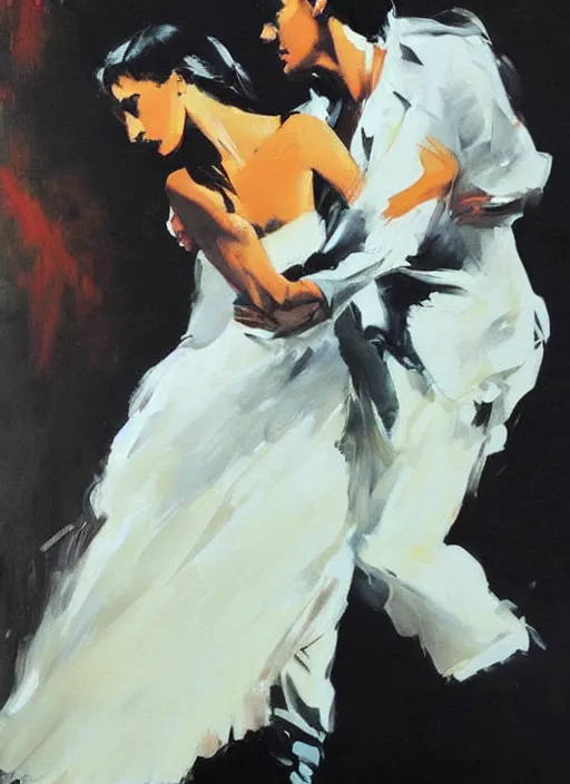 Image similar to tango dancerin in white dress, painting by phil hale, fransico goya,'action lines '!!!, graphic style, visible brushstrokes, motion blur, blurry, visible paint texture, crisp hd image