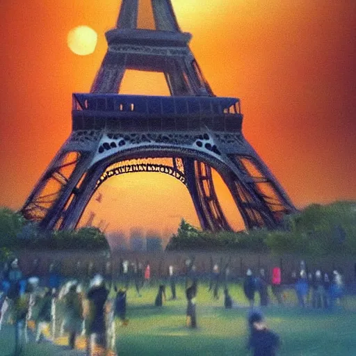 Prompt: a dream of several people running in a field and the eiffel tower in the background in a place that at the same time is illuminated by the sun causes a feeling of strangeness, oil painting, ultradetailed, artstation, polaroid photo, perfect photo, photo pinterest, polaroid photo, perfect photo, photo pinterest