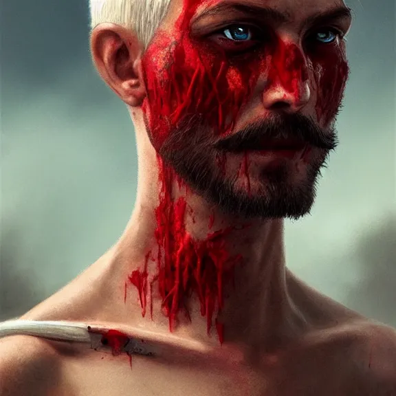 Prompt: a highly detailed 4 k fantasy matte painting of a man wearing thorn covered armor with short blonde hair mustache beard, and blood red eyes, pale skin. portrait, zdzislaw beksinski, artstation, cgsociety, unreal engine