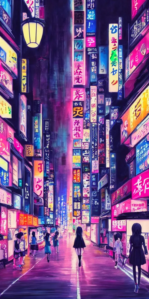 Prompt: a realistic painting of an anime girl crossing a crowded street at night in the city of tokyo. Gorgeous colors and neon light. .