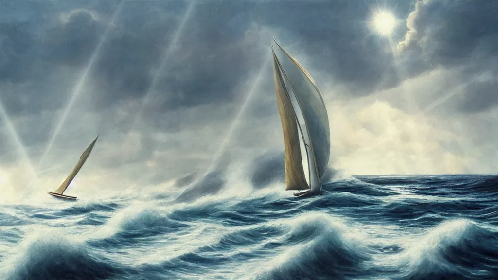 Prompt: small sail boat in the foreground, massive giant wet kitten coming out of a stormy sea, giant waves, sunbeams in background, intricate, detailed, volumetric lighting, sharp focus, scenery, photorealism, digital painting, highly detailed, concept art, by roger dean and steve mccurry