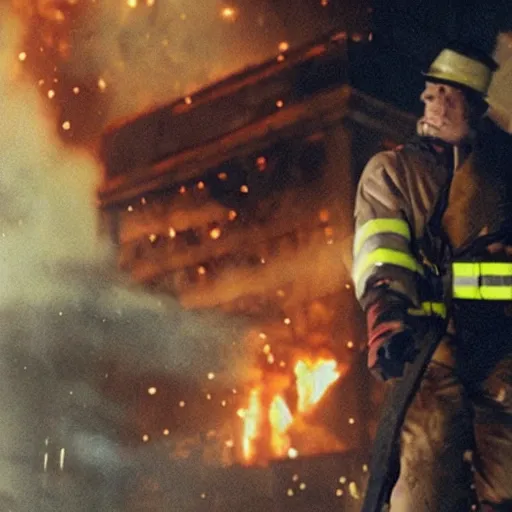 Image similar to Live Action Still of Jerma in The Towering Inferno, real life, hyperrealistic, ultra realistic, realistic, highly detailed, epic, HD quality, 8k resolution, body and headshot, film still