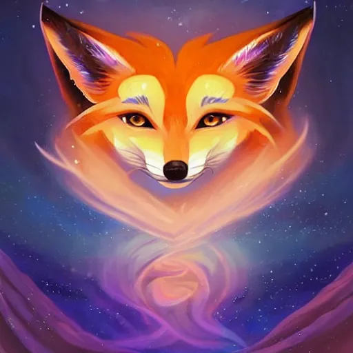 Image similar to a stylized painting for an avatar portrait of an awesome cosmic powerful anthropomorphic kitsune fox mage themed around death and the stars and the cosmos, in the style of dnd beyond avatar portraits, beautiful, artistic, elegant, lens flare, magical, lens flare, nature, realism, stylized, art by jeff easley