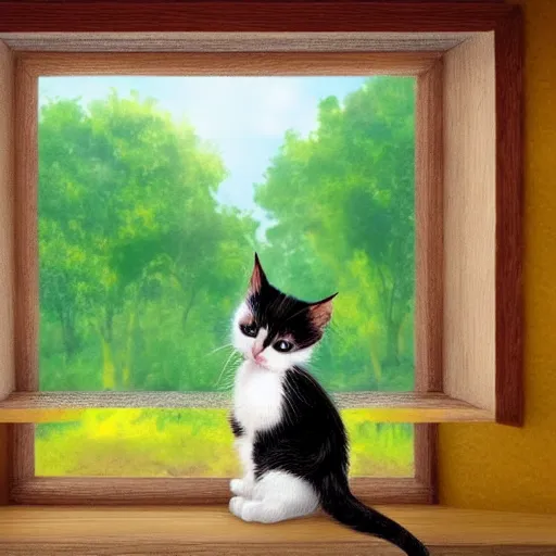 Image similar to cute calico kitten looking out of the window on a [ [ [ [ beautiful ] ] ] ] summer day, storybook art, detailed, cute, profile shot, featured on artstationg, gorgeous!!!