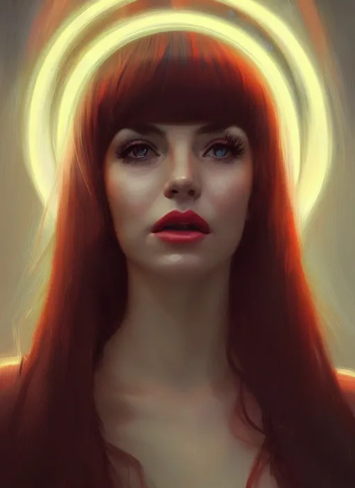 Image similar to portrait of lana rhodes with bangs, 1 9 6 0 s, long hair, red hairband, bangs, intricate, elegant, glowing lights, highly detailed, digital painting, artstation, concept art, smooth, sharp focus, illustration, art by wlop, mars ravelo and greg rutkowski