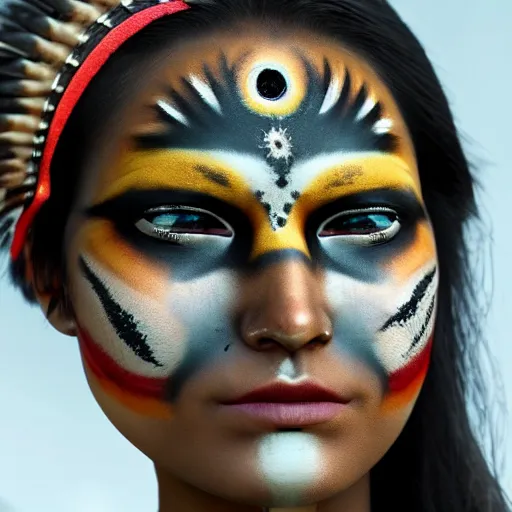 Image similar to a beautiful female indigenous warrior with futuristic face paint, ornamental markings, photorealistic, cinematic lighting, high resolution 4 k