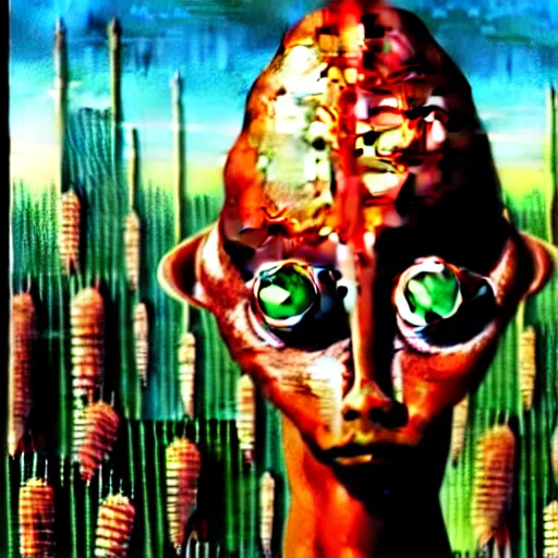 Image similar to A beautiful illustration of a strange, red alien creature looming over a green cityscape. The alien has several eyes and one mouth and its body is covered in scales. It seems to be coming towards the viewer, who is looking up at it in fear. By Max Ernst and Maciej Rebisz